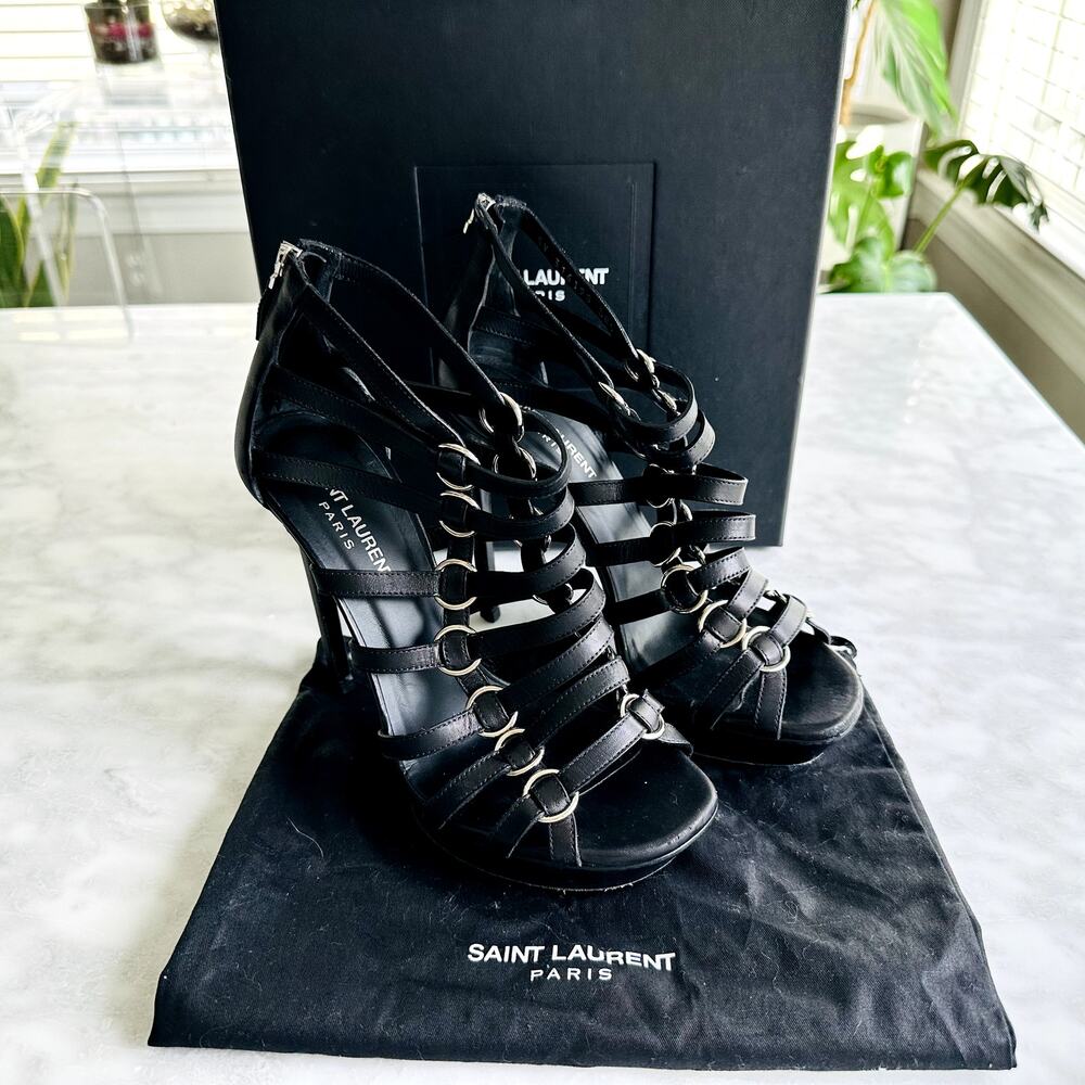 Saint Laurent Nina Cage Sandals Size 38.5 Calfskin Black w/Box Dustbag 316198 - Picture 12 of 12